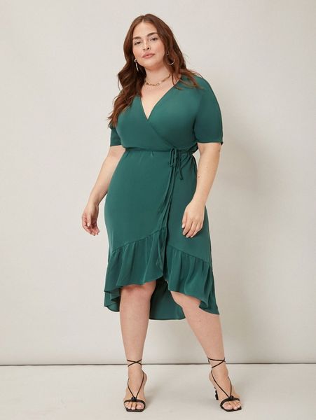 

motf premium plus ruffle belted wrap dress y7qr#, Black