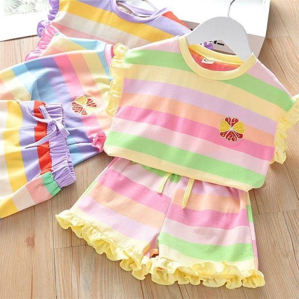 

children girls 2pcs tracksuits summer casual rainbow clothing sets autumn t-shirts pants sport suits spring girls clothes set 220509, White
