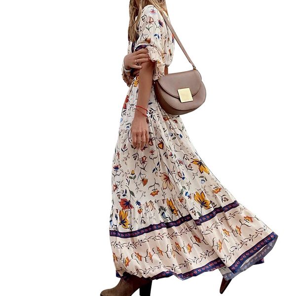 

casual dresses fall/winter 2022 fashion print bohemian maxi dress, Black;gray