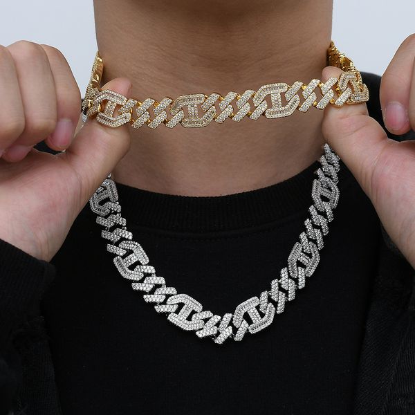 15mm Hip Hop T Cubic Zirconia Diamond Tennis Chain Collana da uomo con naso di maiale placcato oro reale