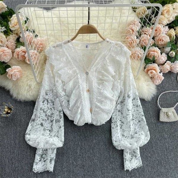 

deat women embroidery lace lantern sleeve shirt solid color v-neck loose fit fashion spring summer 11b768 210709, White