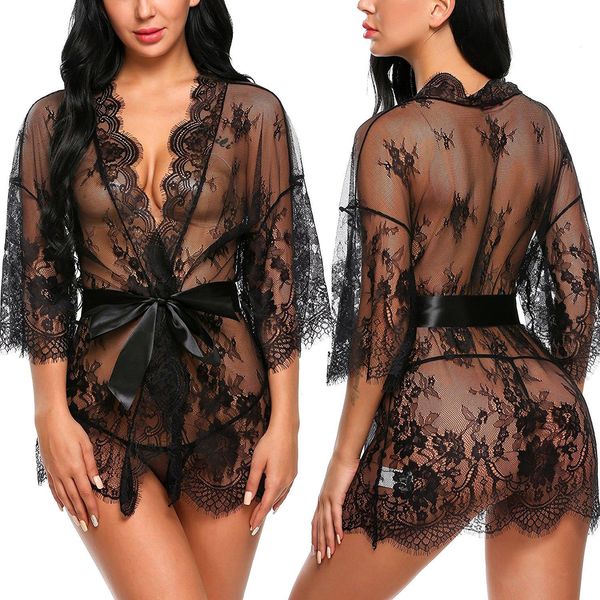 

women lingerie lace night dress sleepwear nightgown bandage deep v g-string see through sheer sleep silky, Black;red