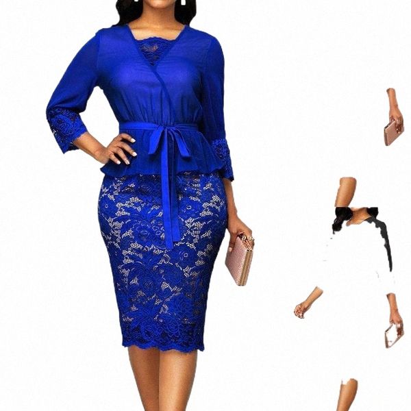 

casual dresses elegant women 3/4 sleeve lace patchwork belt bodycon knee-length pencil dress woman clothing d3pc#, Black;gray