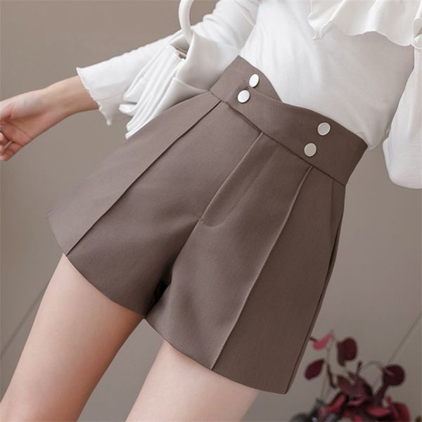 

plus size suits shorts women summer high waist solid black office work ladies pocket gray wide leg trouser s-xl 220427, White;black