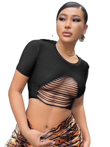 

sxy ladder ripped crop tee 76lc#, White