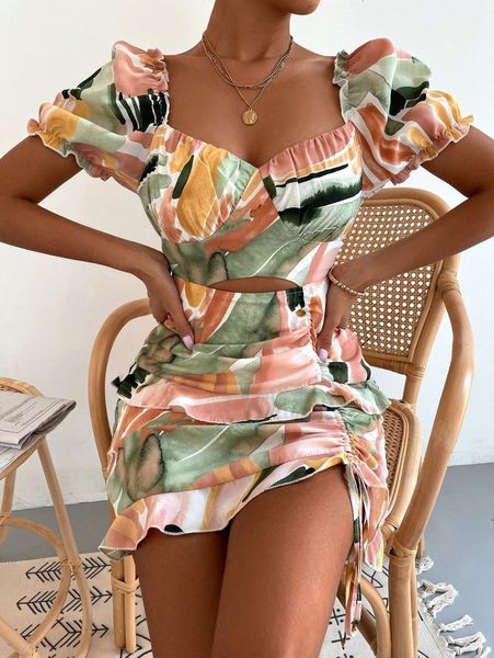 

sweetheart peekaboo front graphic pattern layered hem drawstring dress s38a#, Black;gray