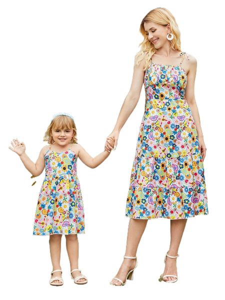 

1pc floral and butterfly print knot shoulder cami dress 64bm#, Black;gray