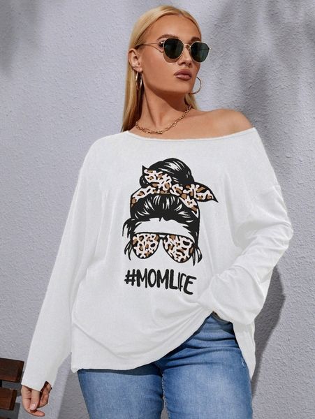 

plus letter and figure graphic asymmetrical neck drop shoulder tee w43e#, Black