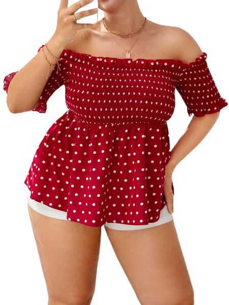 

plus polka dot off shoulder shirred bodice x5uo#, Black