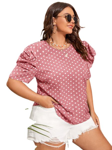 

plus polka dot puff sleeve blouse d6di#, Black