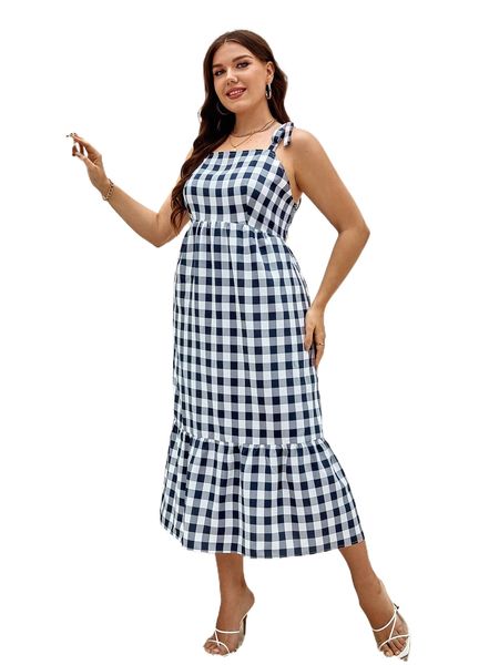 

plus gingham print tie shoulder ruffle hem cami dress v1yx#, Black