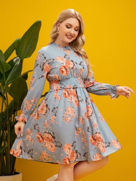 

plus floral print shirred keyhole neck flounce sleeve frill trim dress 55hj#, Black