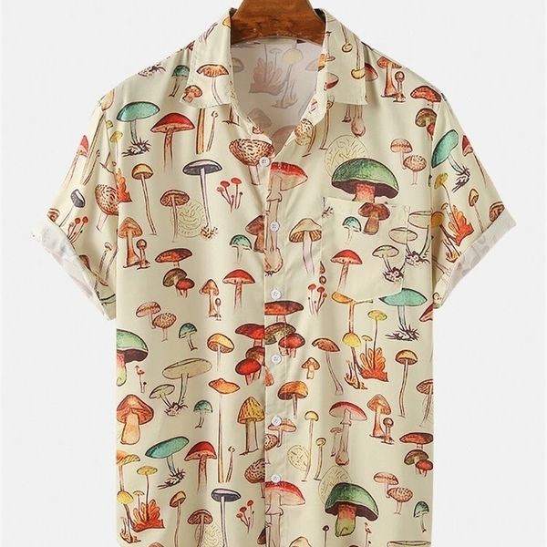 

summer men hawaiian shirts lapel chest pocket short sleeve colorful element mushroom pattern print button up casual shirt 220322, White;black