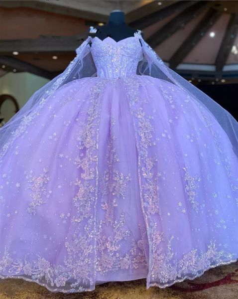 Светло-фиолетовые платья Quinceanera, бальное платье, платье для дня рождения, платье на шнуровке, выпускное платье, vestidos de quincea￱era, 2022, с накидкой