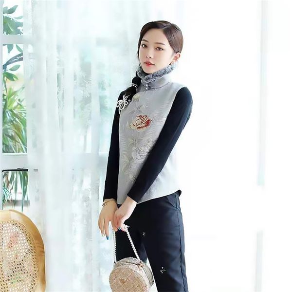 

women's vests chinese style exquisite jacquard cotton jacket temperament stand collar sleeveless a-word short vest female 210828 05tm, Black;white