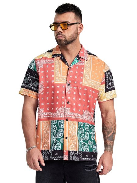 

extended sizes men paisley print button front shirt v28i#, White;black