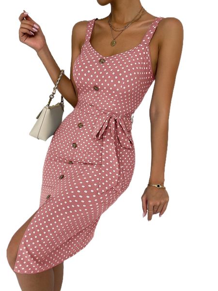 

polka dot fake button split hem belted cami bodycon dress 48dw#, Black;gray