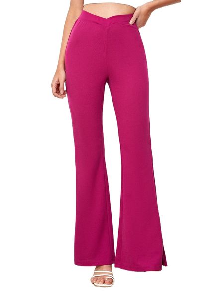 

overlap waist split thigh flare leg pants r6x2#, Black;white