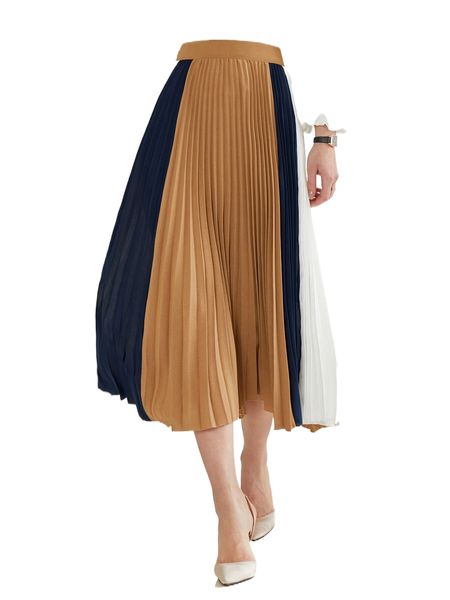 

high waist color block pleated skirt o10p#, Black