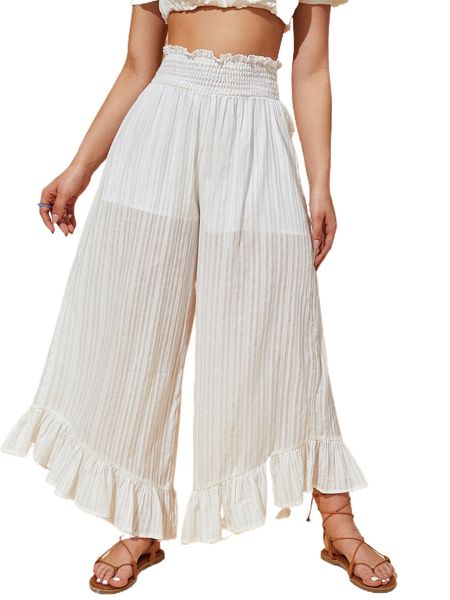 

shirred waist ruffle hem wide leg pants e3ip#, Black;white