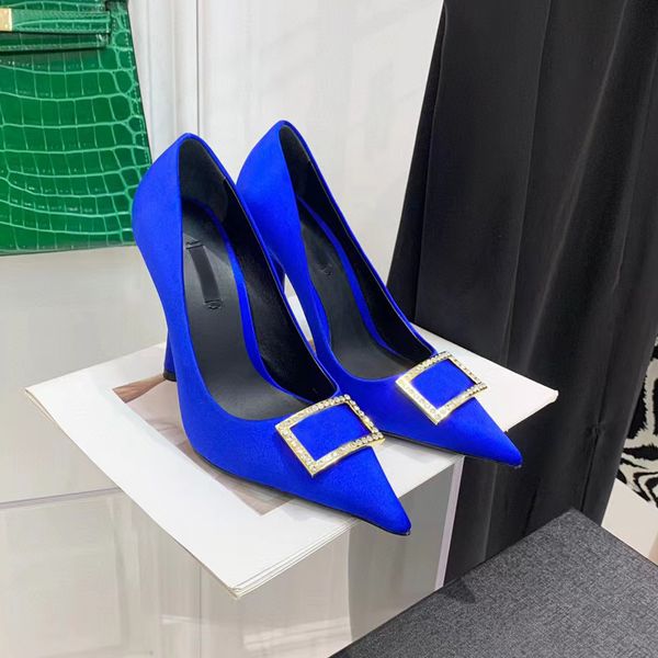 

level crystal decoration high-heeled shoes pointed toe pumps 105mm women blue satin luxury dress shoe evening party wedding heeled factory f, Black