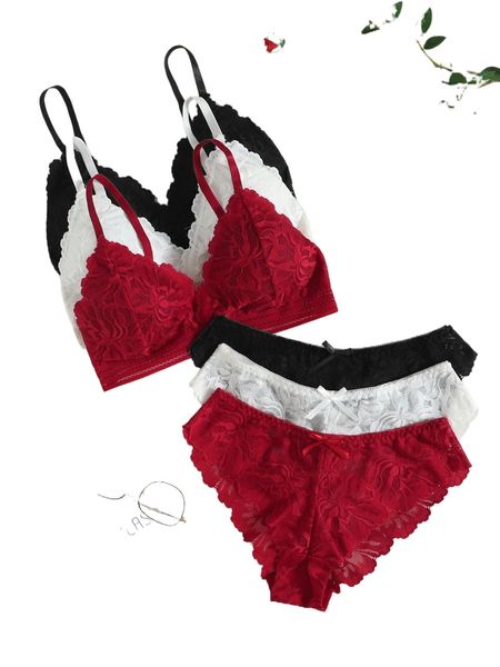 

3sets floral lace lingerie set y3kh#, Black;red