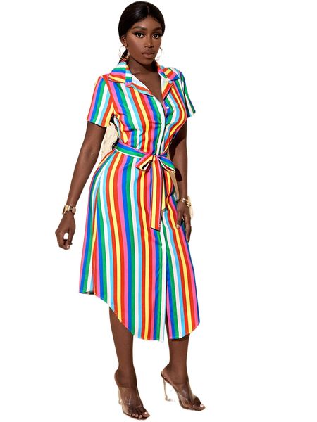 

sxy colorful striped curved hem belted shirt dress 01t9#, Black;gray