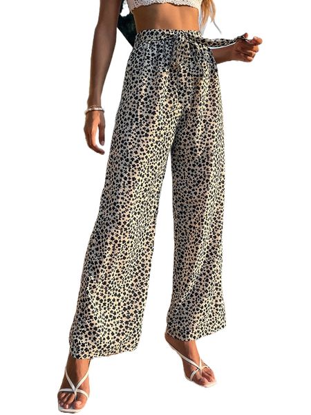 

ditsy floral print belted wide leg pants d8sv#, Black;white