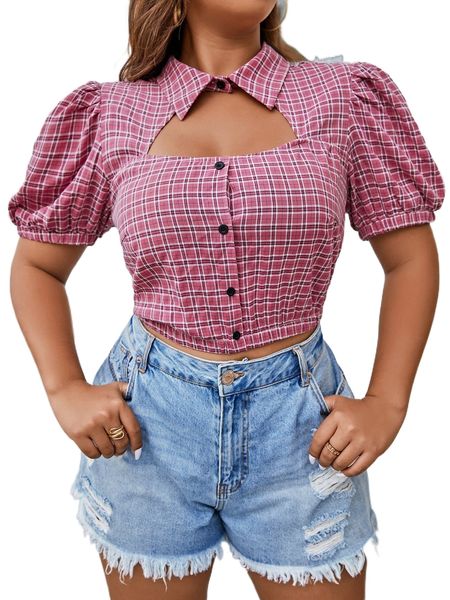 

plus plaid cut out puff sleeve blouse b2i7#, Black