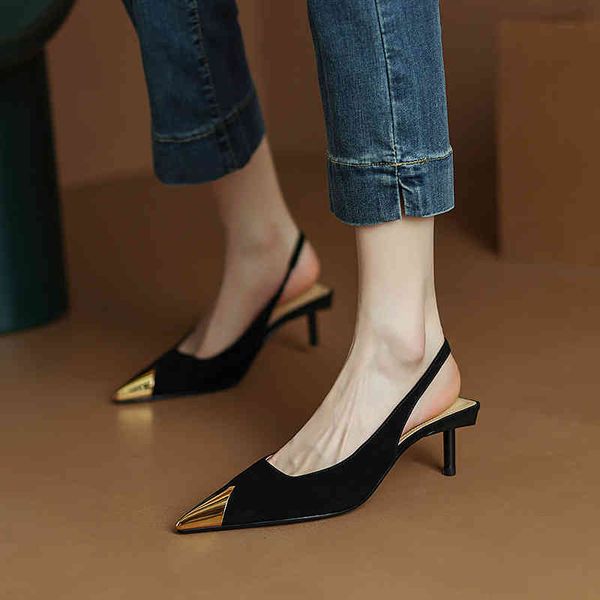 

sandals french rear air defense kicking metal pointed single shoes temperament small heels high-heeled baotou sandals women's summer cc, Black