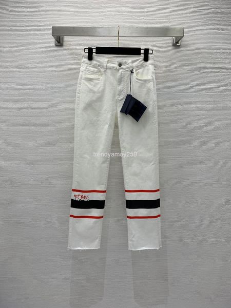

women's jeans contrast striped printed trouser leg burr back pocket triangular elevation elastic straight jeans, Blue