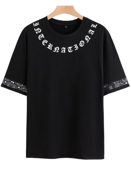 

men letter & paisley print drop shoulder tee r6hf#, White;black