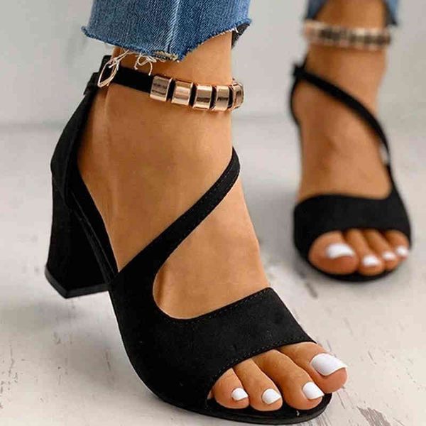 

woman leather sandals summer high-heeled women's shoes open toe wedges female footwear ladies casual sandalias strap buckle shoe y22042, Black