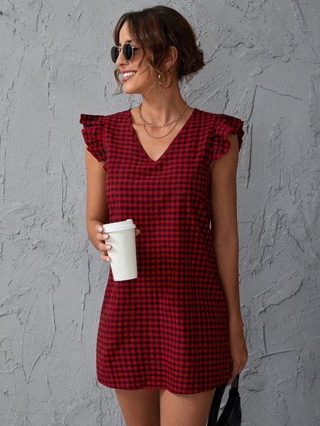 

gingham ruffle cuff tunic dress w4xk#, Black;gray