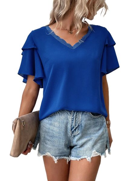 

contrast lace layered sleeve blouse 58ml#, White