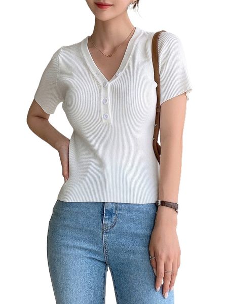 

dazy button half placket ribbed knit i44y#, White;black