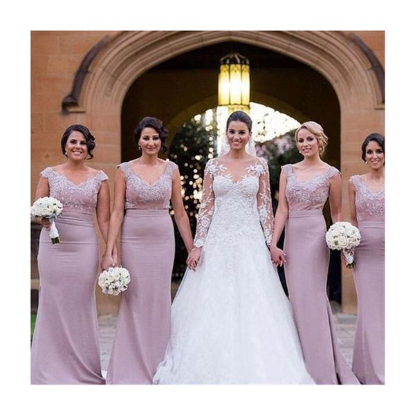 

country style new dusty pink lace applique bridesmaid dress v neck maid of honor dress wedding guest gown custom made plus size, White;pink