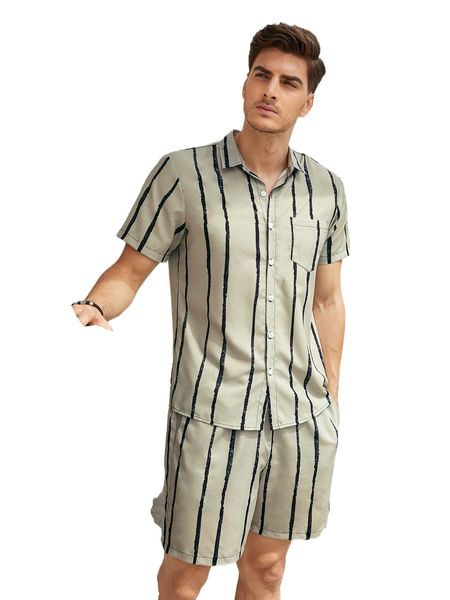 

men striped shirt & shorts q82l#, Gray