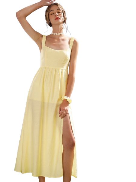 

split thigh shirred back dress 045v#, Black;gray