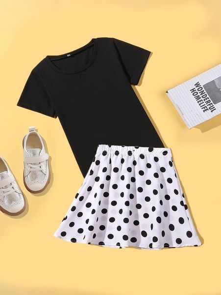 

girls solid tee & polka dot skirt she, White