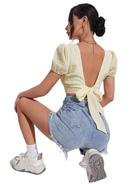

puff sleeve tie back crop blouse g3bs#, White