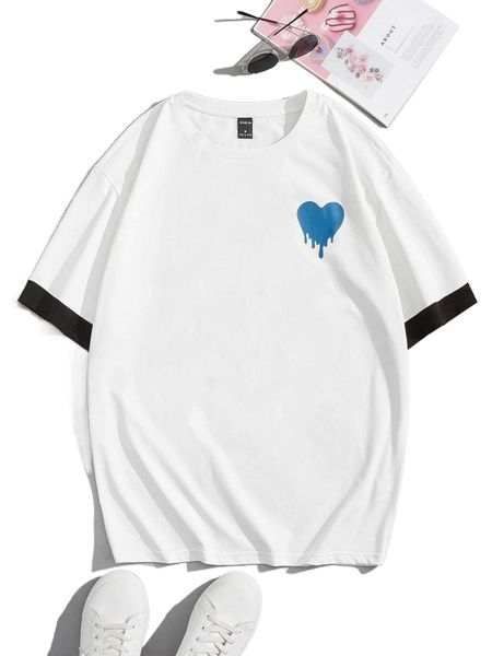 

men heart print drop shoulder tee a7n8#, White;black