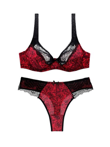 

plus floral print lace bow front underwire lingerie set 827k#, Black;white