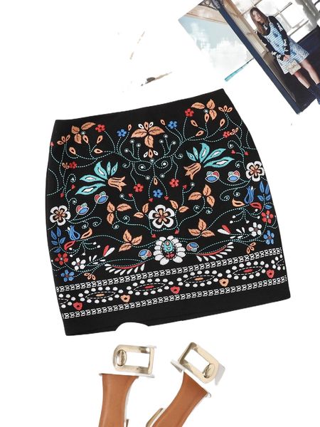 

zipper back floral embroidered skirt z4nt#, Black