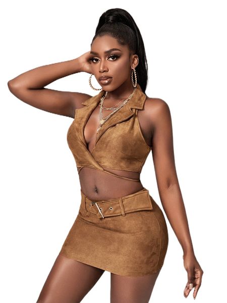 

solid lapel collar crop & belted skirt s3ks#, White