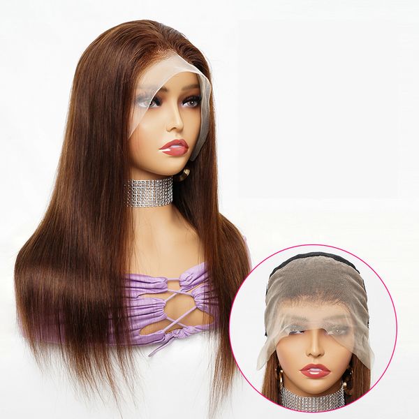 

#4 brown bone straight 13x4 lace front human hair wigs raw indian hair colored 4x4 transparent lace closure wig for women pre-plucked 12-26, Black;brown