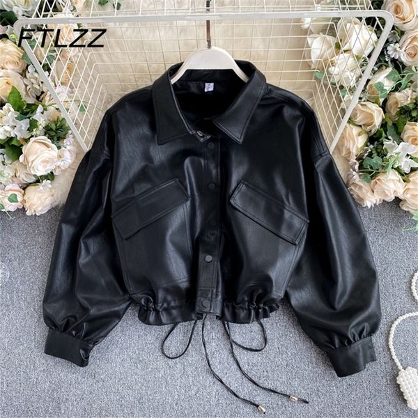 Женский байкер Moto Crop Leather Jacket Spring осень одноразовая шнурки черная уличная одежда кожа