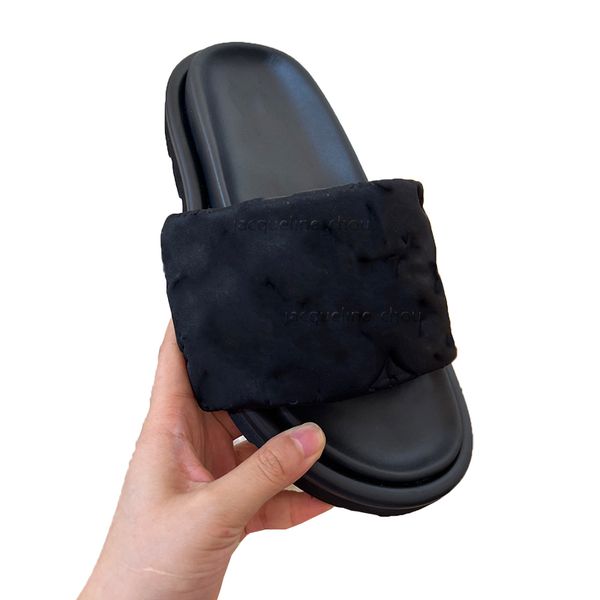 

pool pillow comfort designer slippers women mules platform slides lady beach shoes strap embossed leather sandals with box, Black