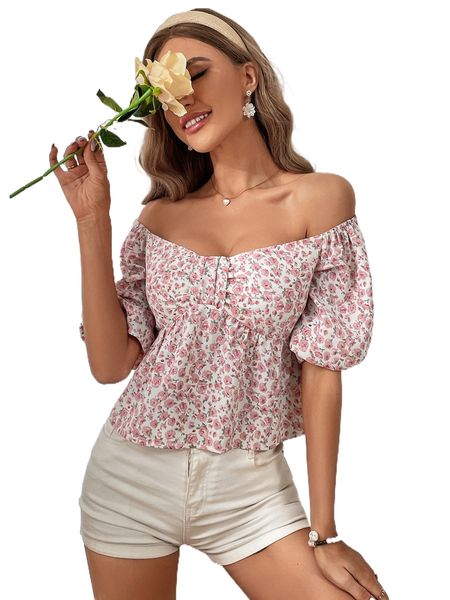 

ditsy floral puff sleeve peplum blouse f2wj#, White