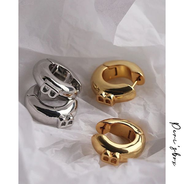 

peri'sbox double decker protruding b hoop earrings small chunky wide earring hoops statement trendy unusual earrings for women y220316, Golden;silver